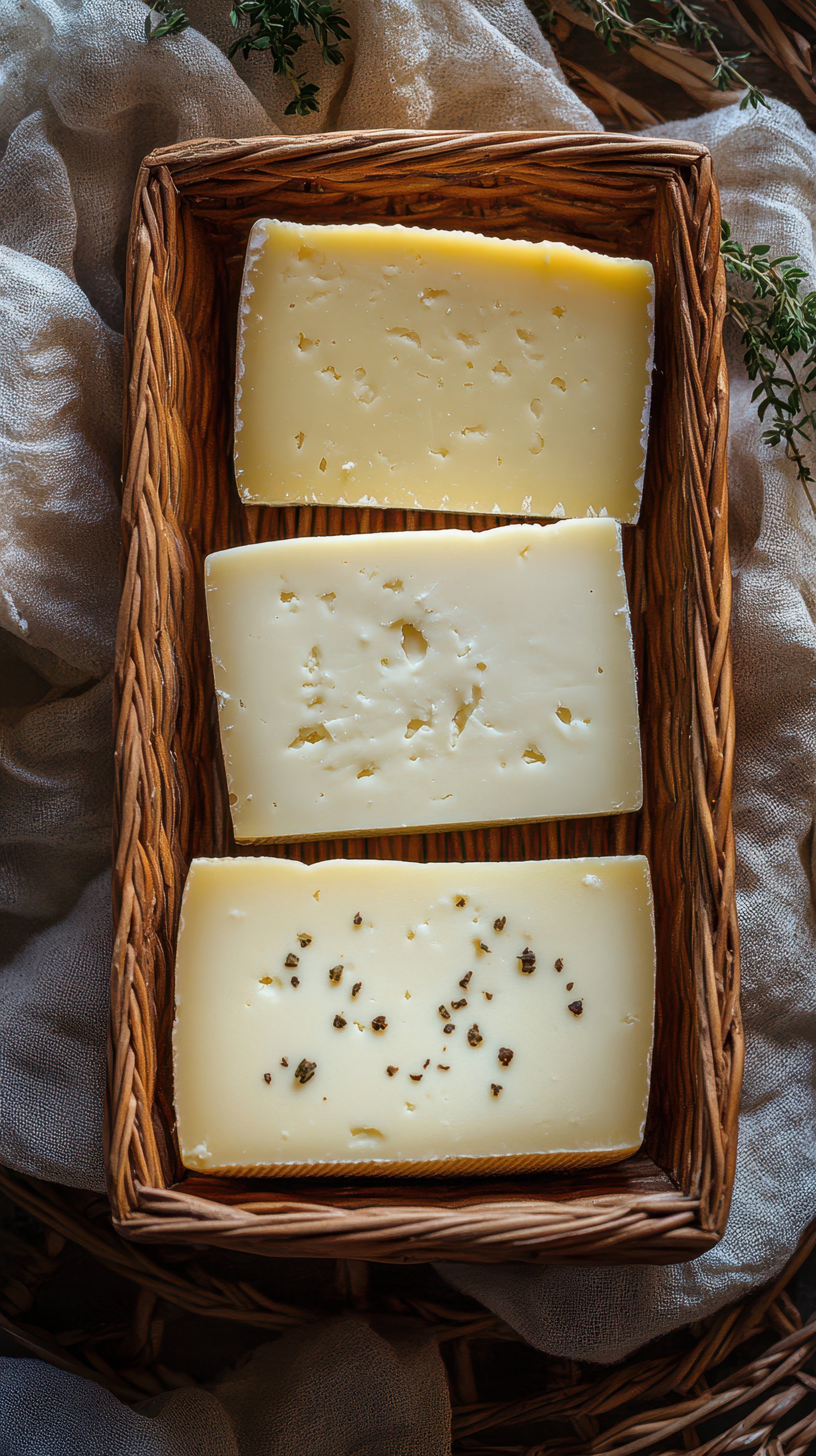 Cheese selection in a woven basket with herbs on a textured fabric background during daylight